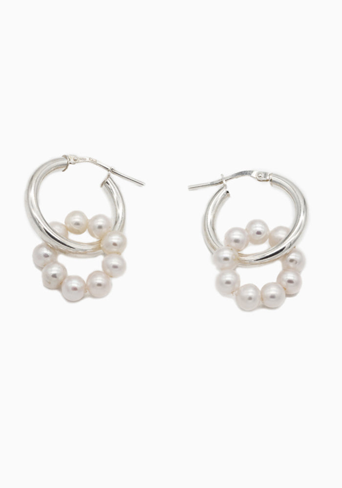 Gold hoop earrings with pearl ring pendants 